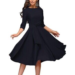 Fenjar Elegance Audrey Hepburn Style Ruched 3/4 Sleeve Midi A-line Dress Sz M/L